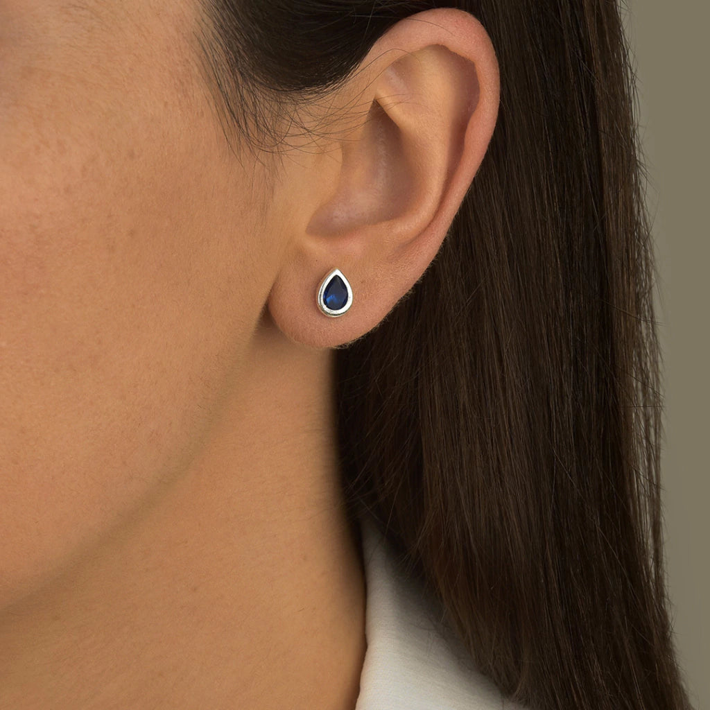 Brinco Ponto de Luz Gota Azul Escuro de Prata