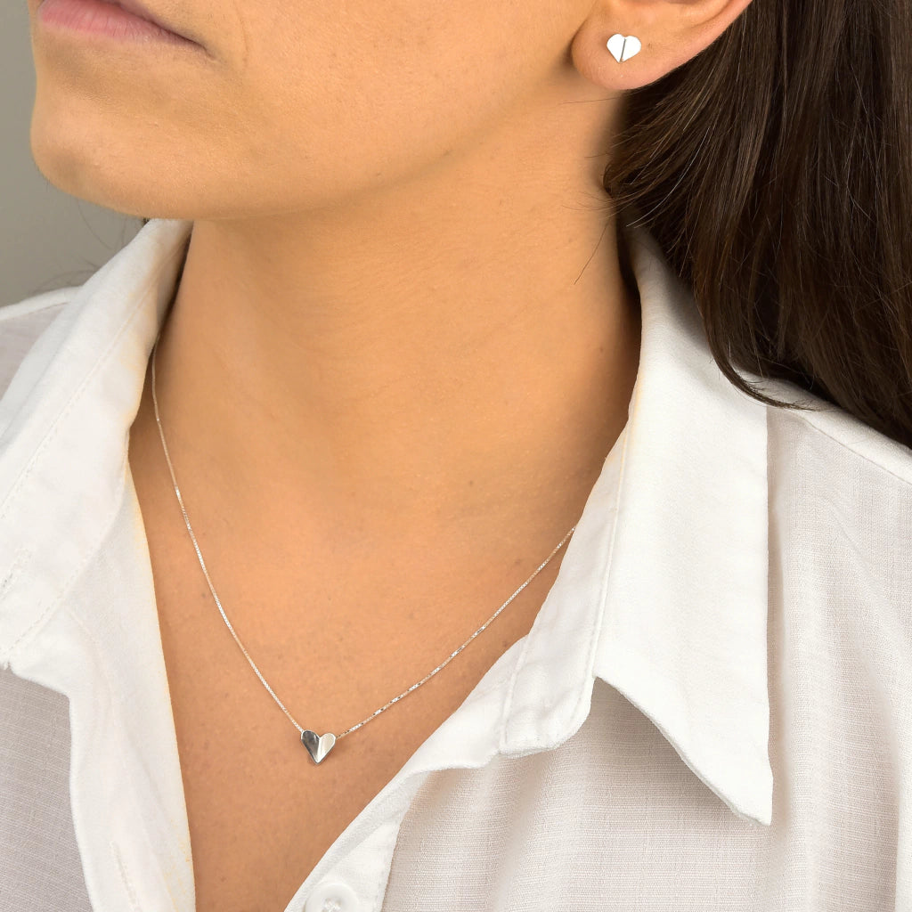 Conjunto Coração Origami Liso de Prata