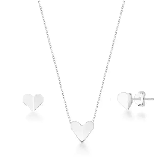 Conjunto Coração Origami Liso de Prata