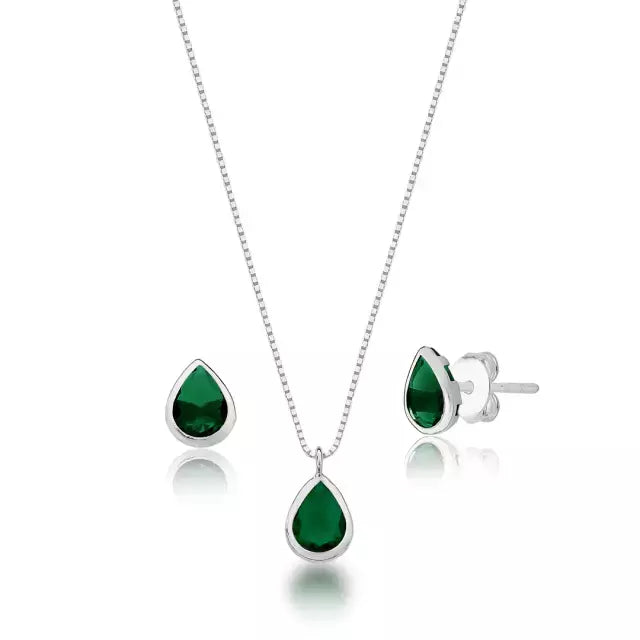 Conjunto Ponto de Luz Gota Verde de Prata