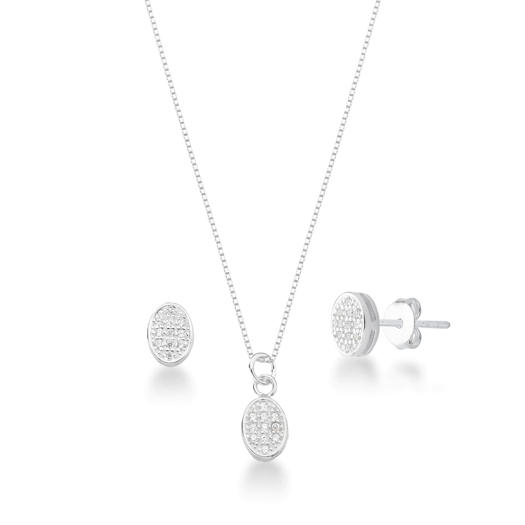 Conjunto Oval Cravejado Pequeno com Borda de Prata