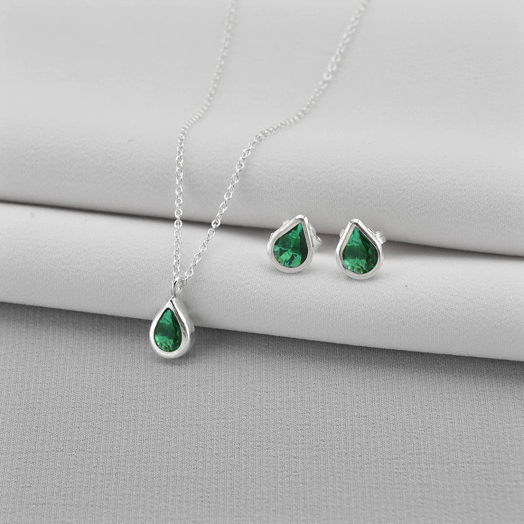 Conjunto Ponto de Luz Gota Verde de Prata