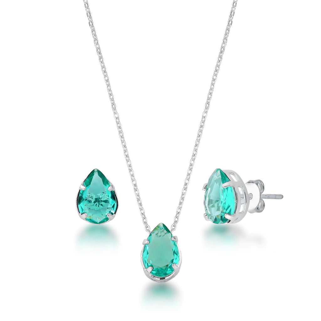Conjunto Gota Cor Turmalina Verde de Prata