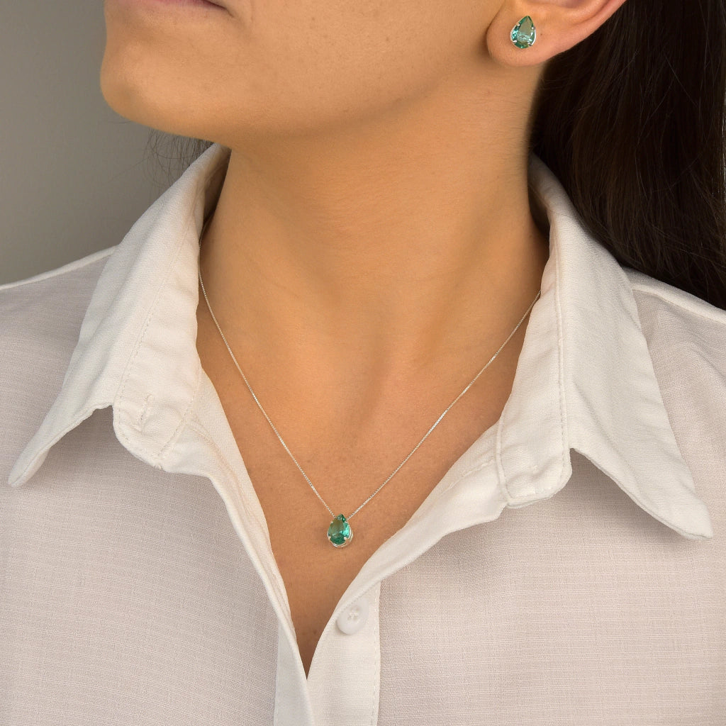 Conjunto Gota Cor Turmalina Verde de Prata