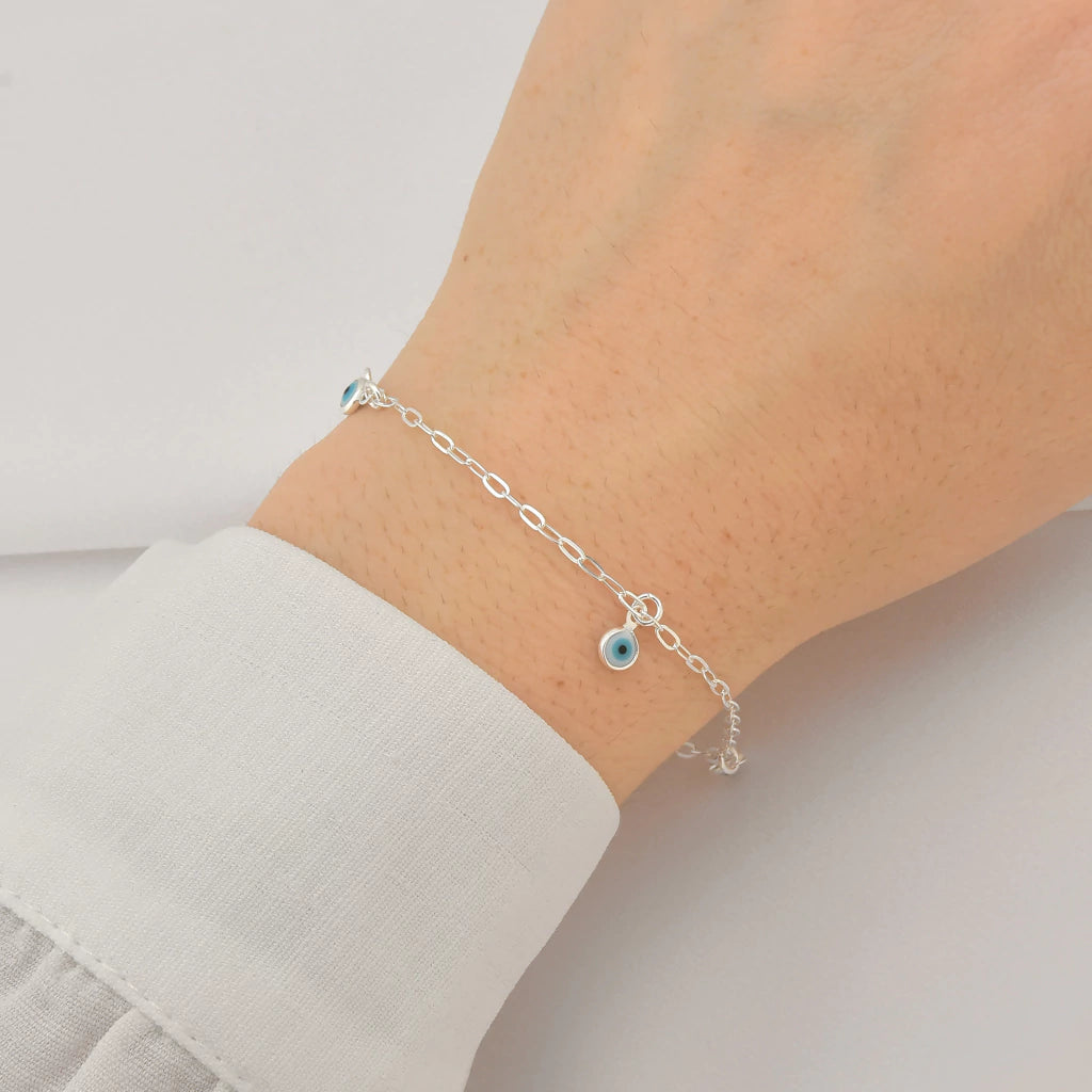 Pulseira Infantil 3 Olhos Grego Branco Pendurados de Prata