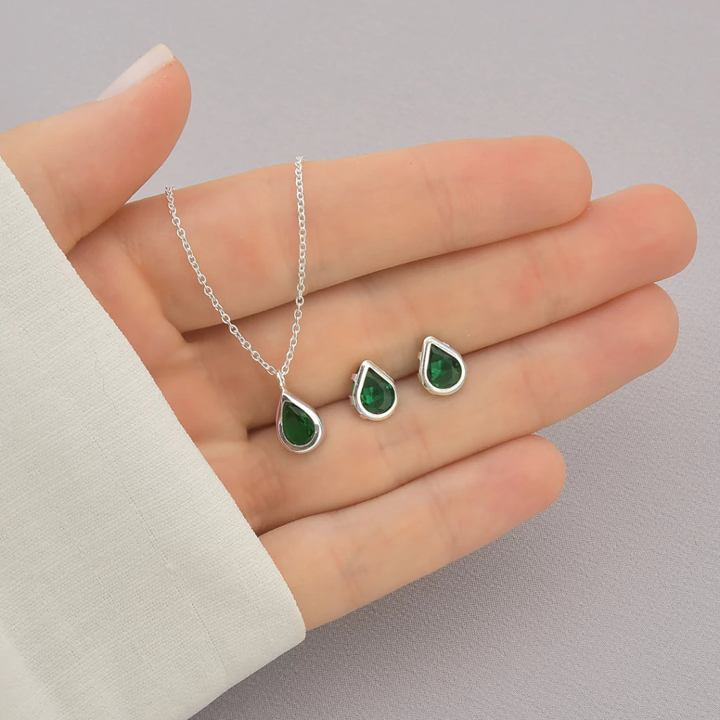 Conjunto Ponto de Luz Gota Verde de Prata